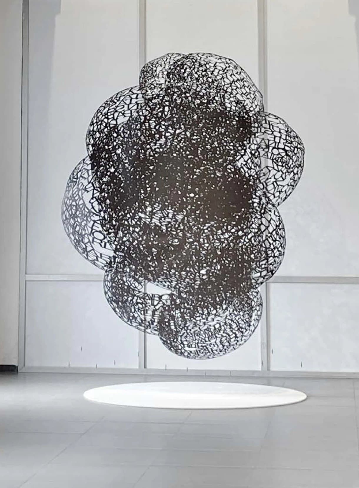 Entrevero: esfera de papel negro calado suspendida sobre un círculo blanco