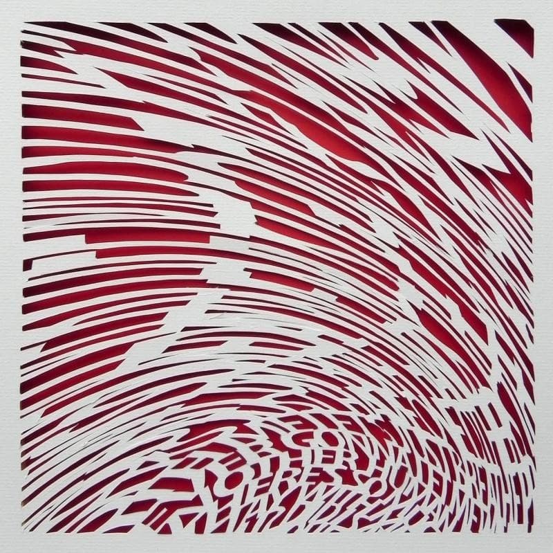 Just Breathe: papel blanco calado en remolino sobre fondo rojo